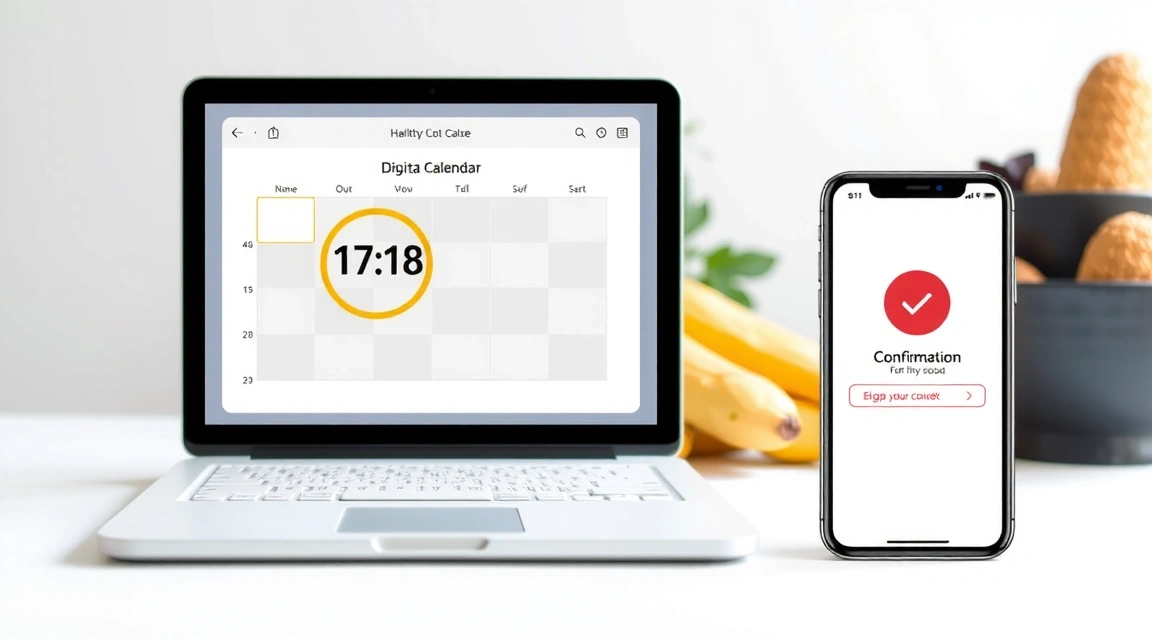 Kalendarz z zaznaczoną datą obok laptopa, symbolizujący rezerwację online i wygodę.