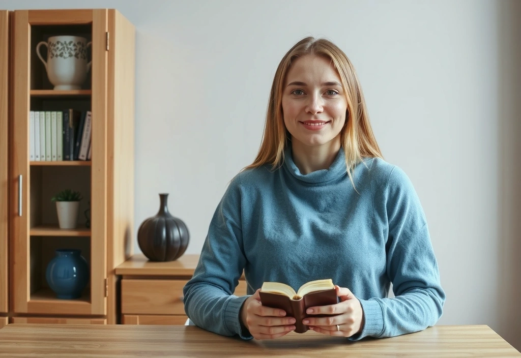 Młoda kobieta zamyślona nad książką o zdrowiu i jedzeniu