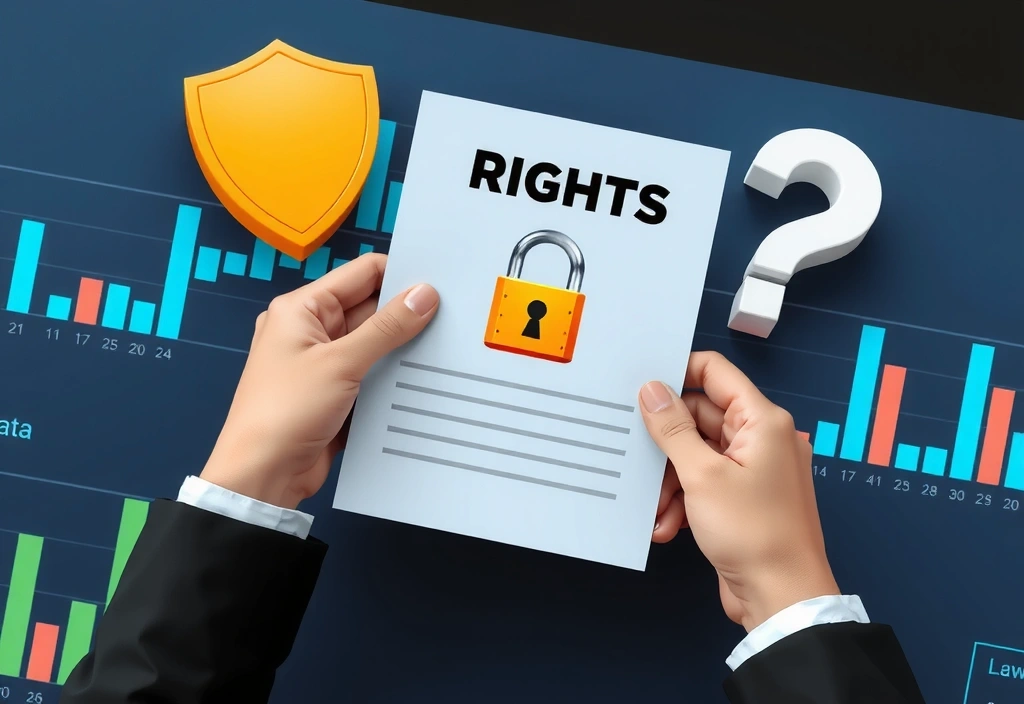 Ilustracja przedstawiająca osobę trzymającą dokument z symbolami praw, takimi jak kłódka i znak zapytania, w tle cyfrowy pulpit.