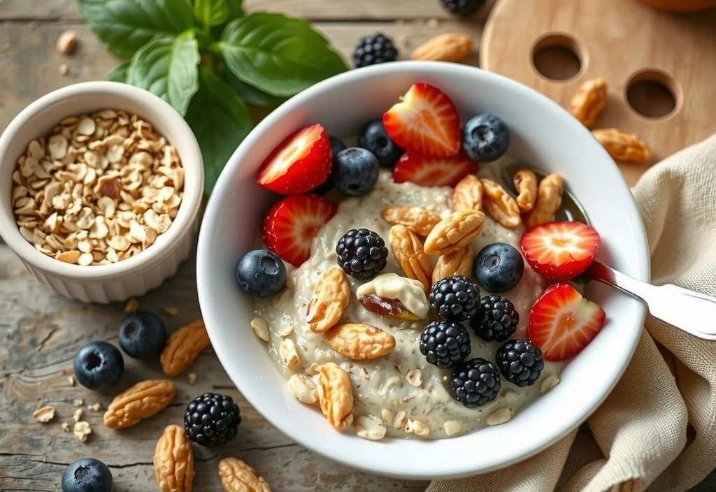 A healthy breakfast bowl with oats, berries, and nuts.