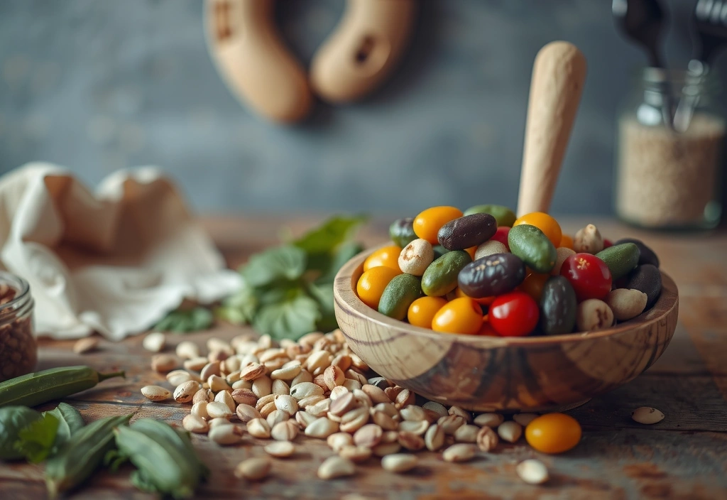 Various whole grains and legumes in wooden bowls.