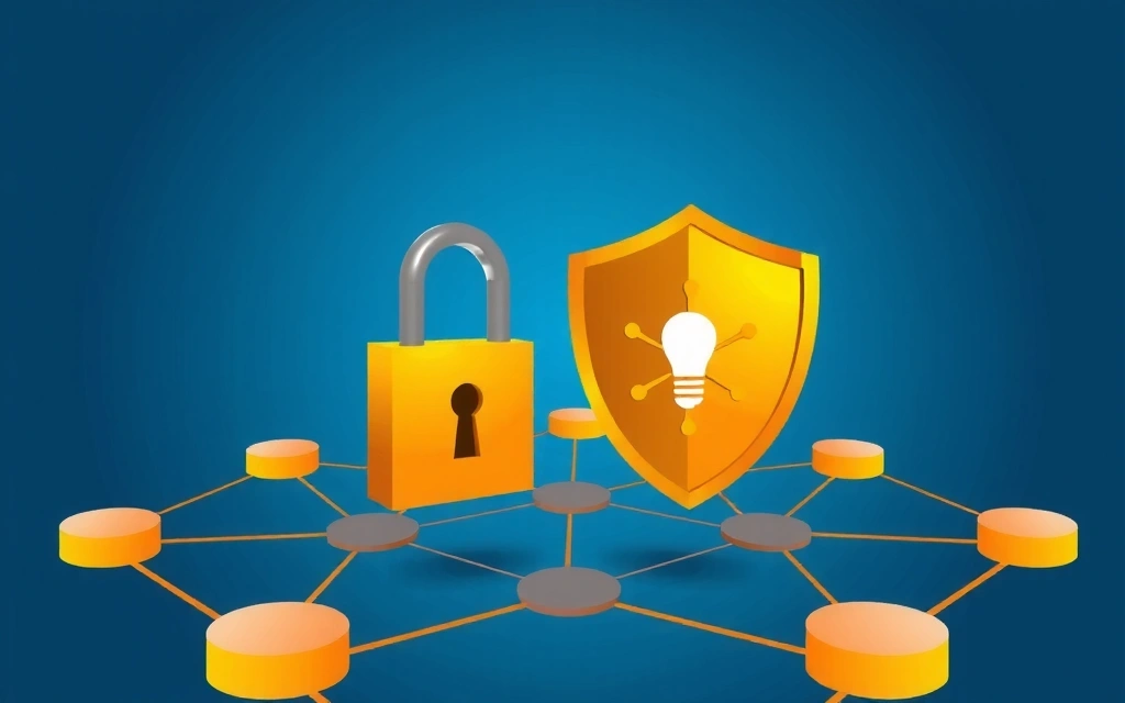 Ilustrace digitální bezpečnosti a ochrany dat, s ikonami zámku a štítu nad abstraktní síťovou strukturou.