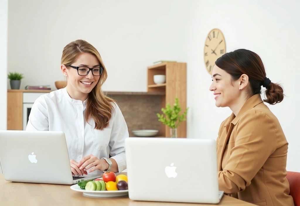 Kobieta prowadząca konsultację online z klientką, obie uśmiechnięte i zaangażowane w rozmowę przez wideokamerę.